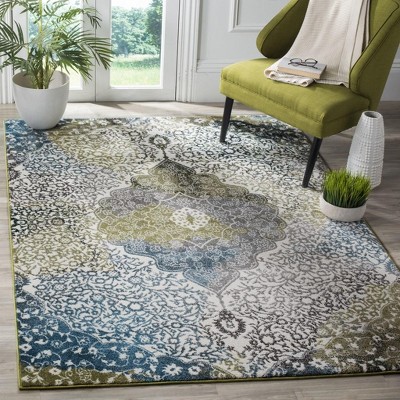 Ivory and Peacock Blue Hand-Knotted Synthetics Area Rug
