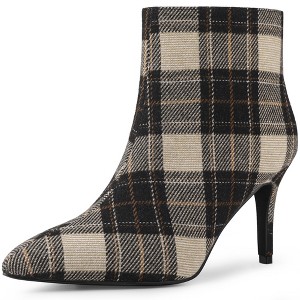 Allegra K Women's Plaid Pointed Toe Side Zip Stiletto Heel Ankle Boots - 1 of 4