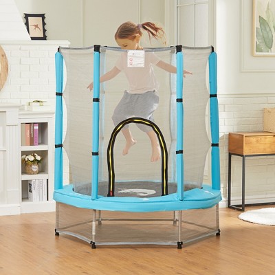 Qaba 4.6FT Trampoline for Kids w/ Safety Enclosure Net, for Indoor Outdoor, Gifts for Boy and Girl Age 3-6 Years, Dolphin Pattern, Light Blue