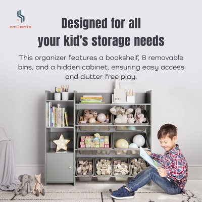 Gray Kids Toy Storage Organizer with Bookshelf and Bins