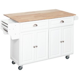 57.5" Solid Wood Rolling Kitchen Island Cart with Drop Leaf, Storage Drawers, Cabinets, Spice and Towel Racks for Kitchen or Dining Room - 1 of 4