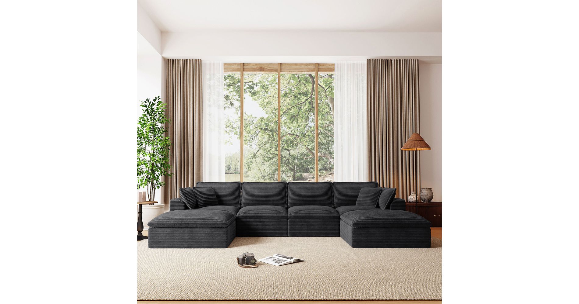 Whisen Oversized Chenille Sectional Compressed Sofa with Ottomans, No-Assembly Design