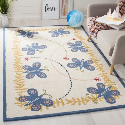 Ivory and Blue Hand-Tufted Wool Kids Butterfly Rug 4' x 6'