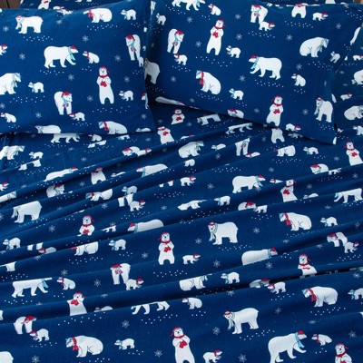 Full Size Navy Polar Bear Cotton Flannel Sheet Set