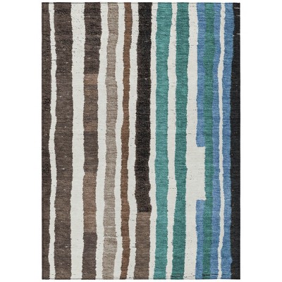 HomeRoots 9' X 12' Brown Teal Blue And Ivory Striped Washable Indoor Outdoor Area Rug