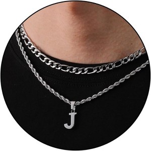 Men's Initial Necklace – Layered Letter Pendant with Figaro Chain (Graduation/Birthday Gift for Him) - 1 of 4