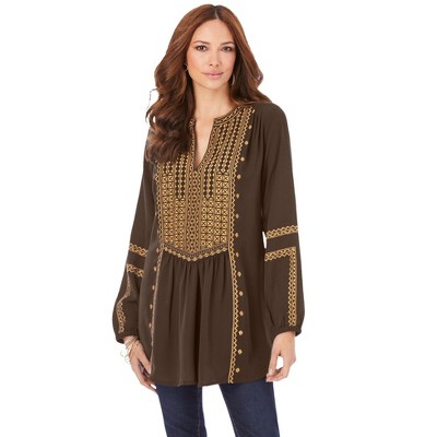 Roaman s Women s Plus Size Embroidered Boho Tunic 20 W Chocolate Target