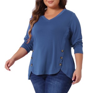 Agnes Orinda Women's Plus Size Long Sleeve V Neck Loose Fashion Buttons Tunic Blouse - 1 of 4