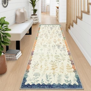 Washable Floral Runner Rug, Non-Slip, Low-Pile, Scalloped Pattern for Kitchen, Hallway, Laundry, Bathroom - 1 of 4