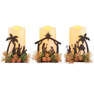 Collections Etc LED Lighted Nativity Flameless Battery Operated Candles - Set of 3 5 X 4.5 X 6 White