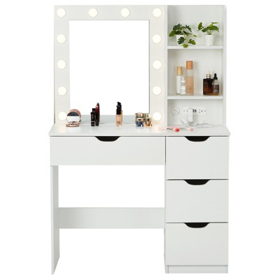 Makeup Vanity Desk with Mirror and Lights, Makeup Table with 4 Drawers and Built-in Power Strip, 3 Lighting Colors Dressing Table, Makeup Studio