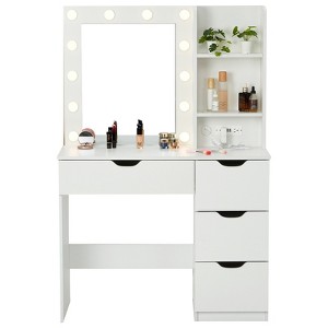 Makeup Vanity Desk with Mirror and Lights, Makeup Table with 4 Drawers and Built-in Power Strip, 3 Lighting Colors Dressing Table, Makeup Studio - 1 of 4