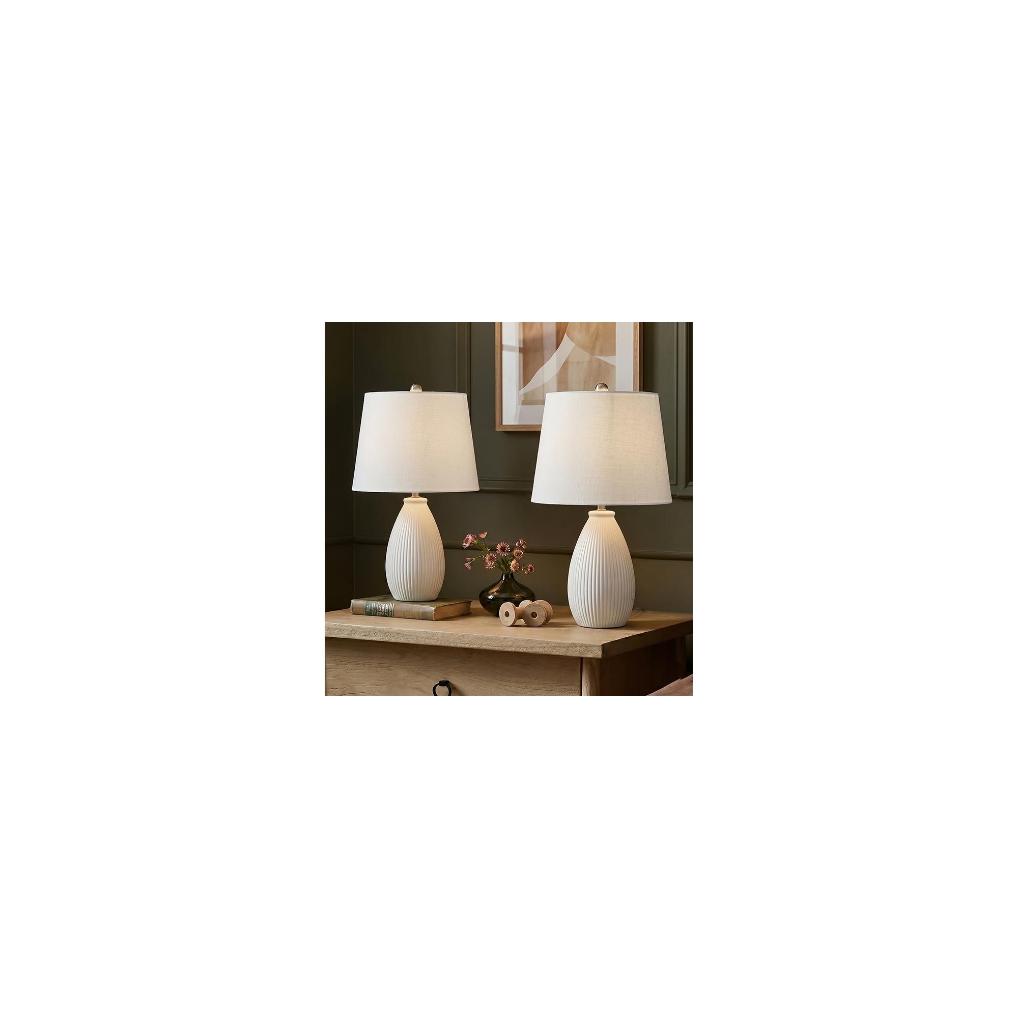 Maxax White Ribbed Ceramic Table Lamps Set of 2，Artistic Desk Lamps for Bedroom Nightstand/Living Room