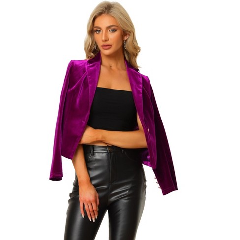 Unique Bargains Women's Button Front Velvet Blazer Lapel Office Crop Suit  Jacket 