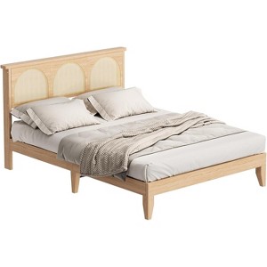 Queen Size Bohemian Bed Frame with RGB LED Headboard - Natural Rattan Design, Under Bed Storage, 16 Million Color Lighting, No Box Spring Needed - 1 of 4