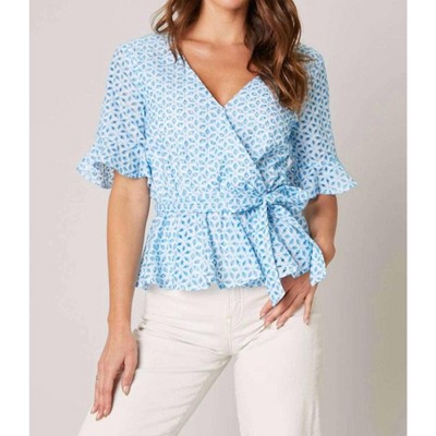 Women's Eyelet Surplice Peplum Top - SUGARLIPS