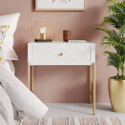 White and Gold Rectangular Wood and Metal Side Table with Drawer