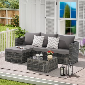2 Piece Outdoor Woven Sectional L-Shaped Patio Furniture Set with Ottoman and Detachable Lounger Table Perfect for Backyard Poolside Conversation - 1 of 4
