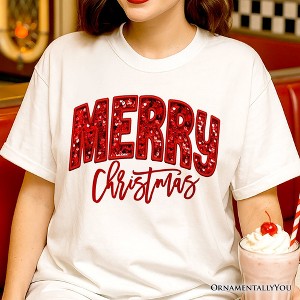 Merry Christmas Sequin T‑Shirt, Bold Red Glitter Tee for Festive Holiday Season | OrnamentallyYou - 1 of 4