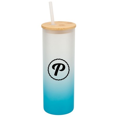 Elanze Designs P Monogram Letter Initial Rope Circle Wrap-Around Design 25 Ounce Frosted Gradient Glass On-The-Go Coffee Travel Skinny Tumbler Mug