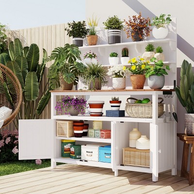 Outdoor 50.2" Potting Bench with Hutch, Solid Fir Wood Garden Workstation, Large Countertop with Shelves and Cabinets-Coolbibila