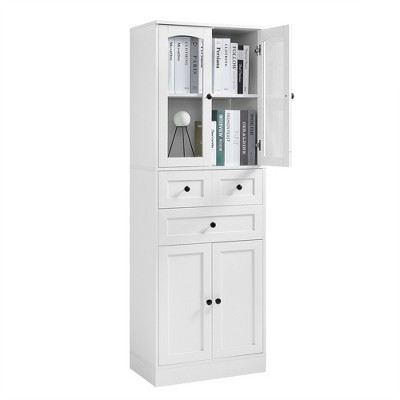TiramisuBest Tall Bathroom Storage Cabinet, Cabinet with Four Doors and Drawers, Adjustable Shelf, MDF Board, White