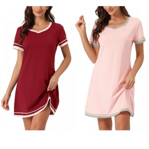 INSPIRE CHIC Women's 2 Pcs Short-Sleeve Nightshirt Color-Block V-Neck Sleepdress Set - 1 of 4
