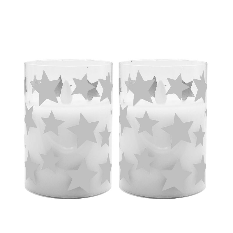 2ct Battery Operated Glass LED Candles with Moving Flame Silver Stars, 3 of 7