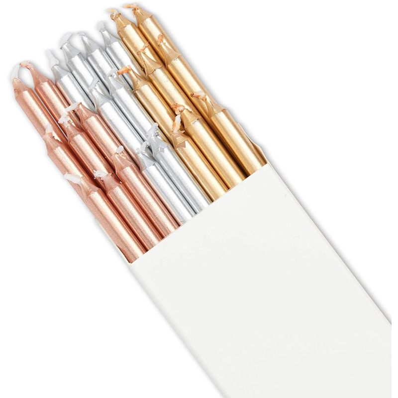 Blue Panda 72 Pack Metallic Long Thin Birthday Cake Candles 3-Inch with Holders - Silver, Gold, Rose Gold, 5 of 8