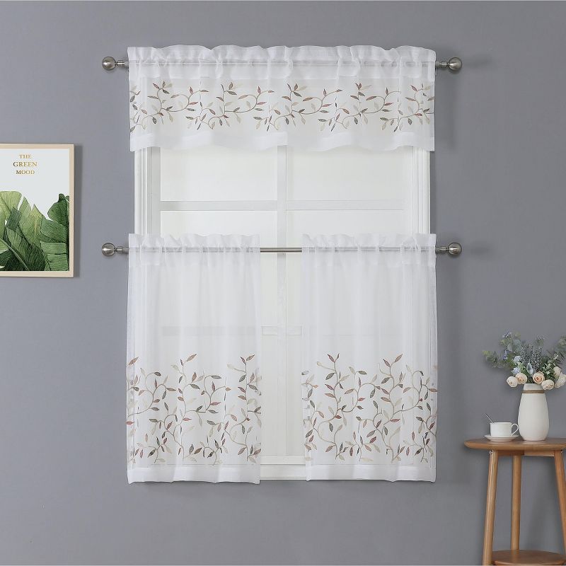 Kate Aurora Shabby Sheer Embroidered Complete 3 Piece Floral Rod Pocket Cafe Kitchen Curtain Tier & Valance Set, 1 of 7