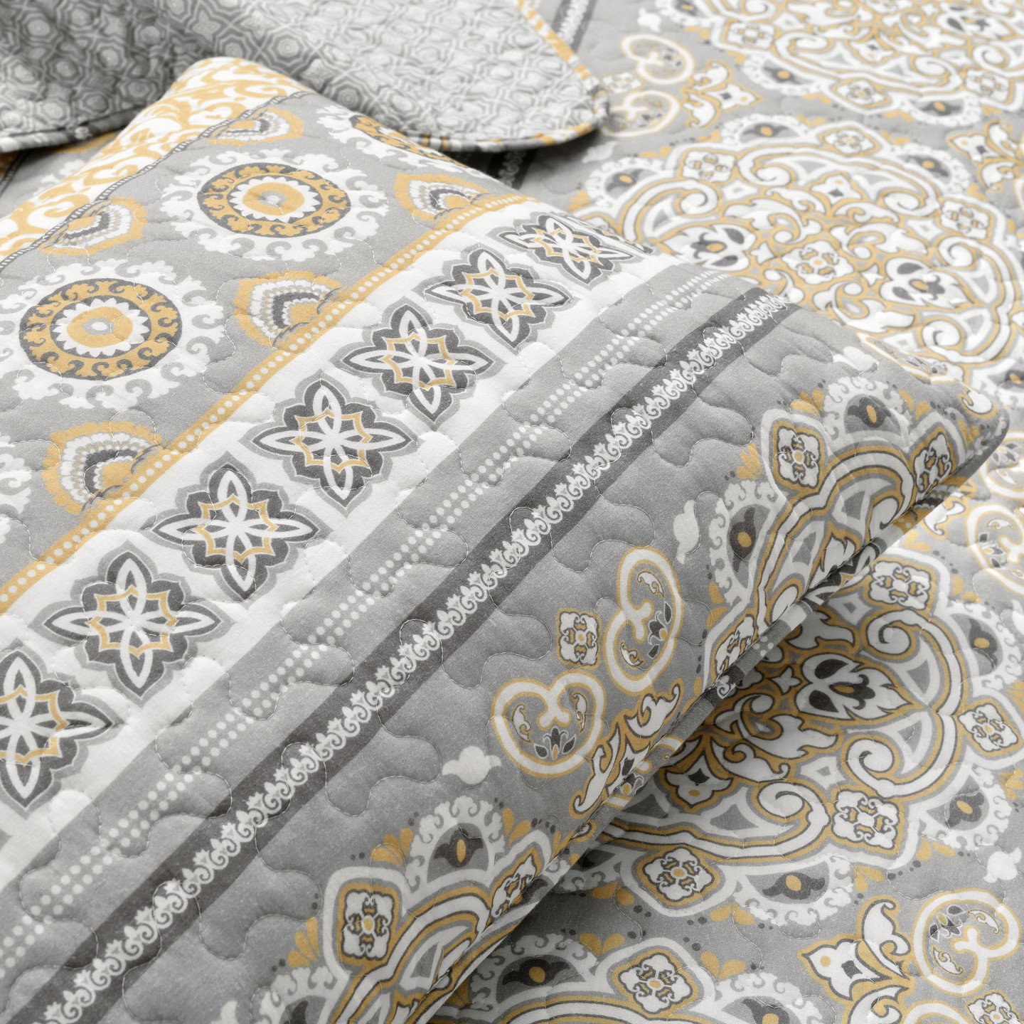 Покрывала Lush Decor Nesco Stripe Reversible Cotton Quilt Yellow/Gray 3Pc Set, цвет: Полосатый — фото 5