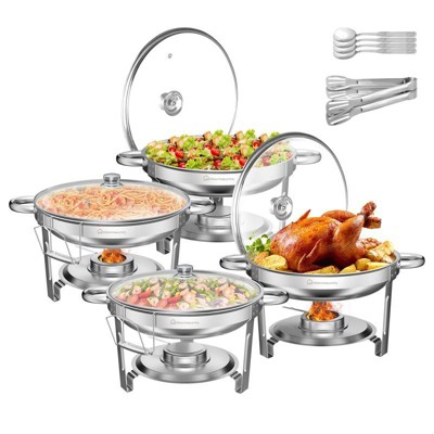 Warmounts 5QT Round Chafing Dish Buffet Set Food Warmer with Glass Lids & Holders