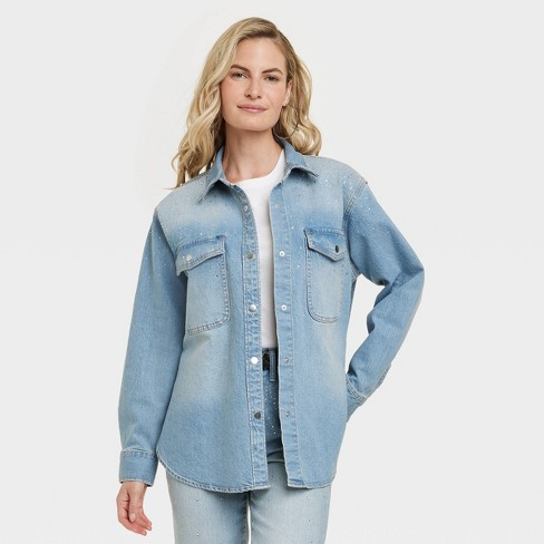 Women's Embellished Denim Shacket - Universal Thread™ Light Wash