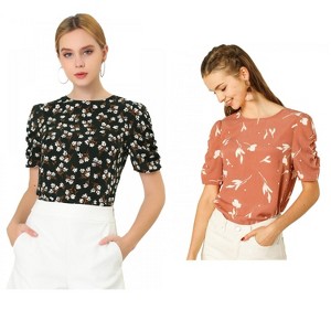 Allegra K Women's Floral Summer Crew Neck Casual Shirred Short Sleeve Blouse 2 Pcs - 1 of 4