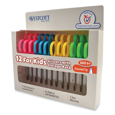 Westcott For Kids Scissors, Pointed Tip, 5" Long, 1.75" Cut Length, Assorted Straight Handles, 12/Pack