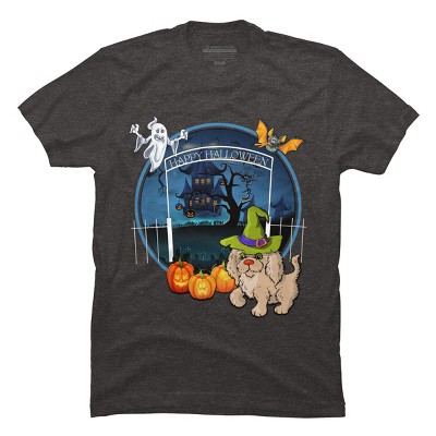 Men's Design By Humans Puppy Dog Witch Hat Halloween Ghost By Fractals T-Shirt