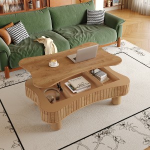 LIVAREEmlen Lift Top Coffee Table for Living Room 42" with Fluted Panel Hidden Storage, Silent Hydraulic Lift, Curved Safety Corners, Light Brown - 1 of 4
