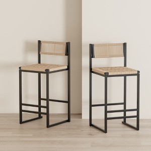 MAYEERTY Kitchen Bar Stools Set of 2 - Paper Rope Weave with Footrest, Counter Height Dining Chairs (Style B: Black & Honey) - 1 of 4