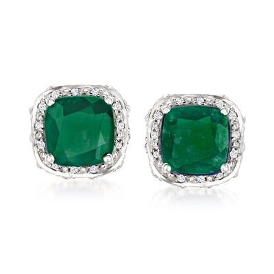 Ross-Simons 4.60 ct. t.w. Emerald and .10 ct. t.w. White Topaz Stud Earrings in Sterling Silver
