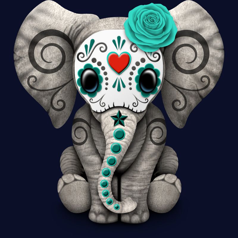 Junior's Design By Humans Blue Day of the Dead Sugar Skull Baby Elephant By jeffbartels T-Shirt, 2 of 4