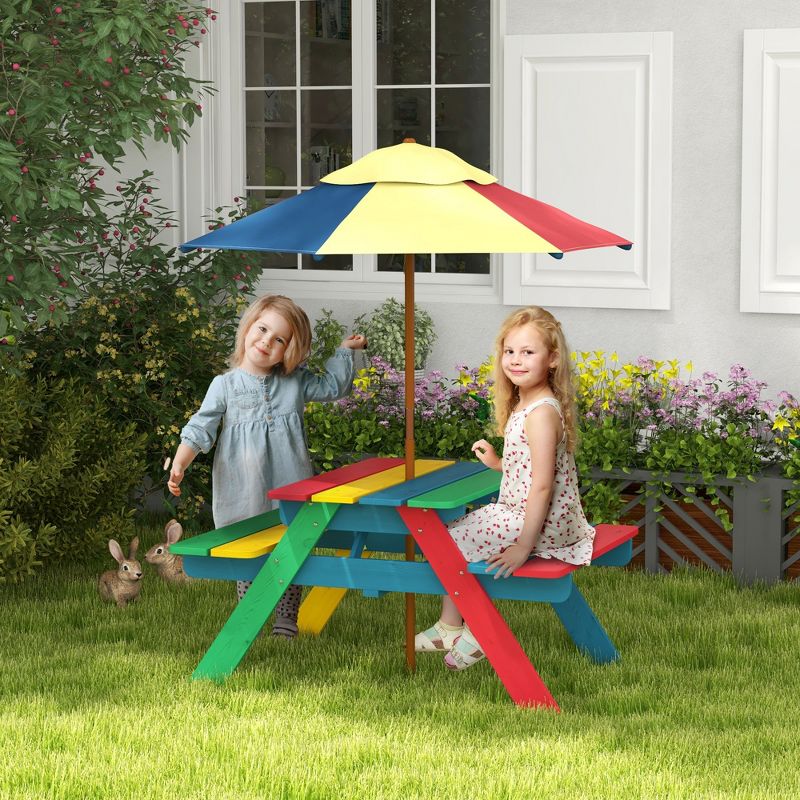 Outsunny Kids Picnic Table Set with Parasol, Wooden Outdoor Bench Set with Seating for 2 Children 3-6 Years Old, for Patio, Backyard, Indoor Use, 2 of 7