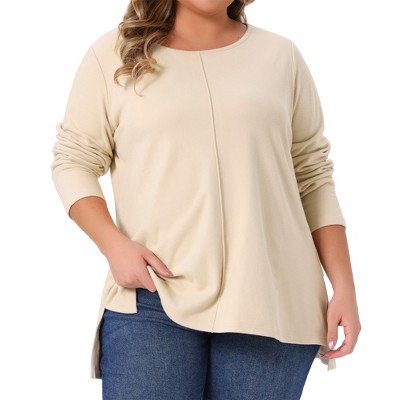 Women's Plus Size Exposed Seams Side Slit High Low Hem Crew Neck Casual Long Sleeve T Shirts - Agnes Orinda