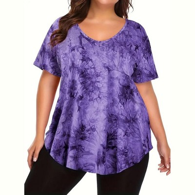 Women's Short Sleeve Shirt Tops Plus Size Tie Dye Casual Loose Fit Tunic Tops With Pocket