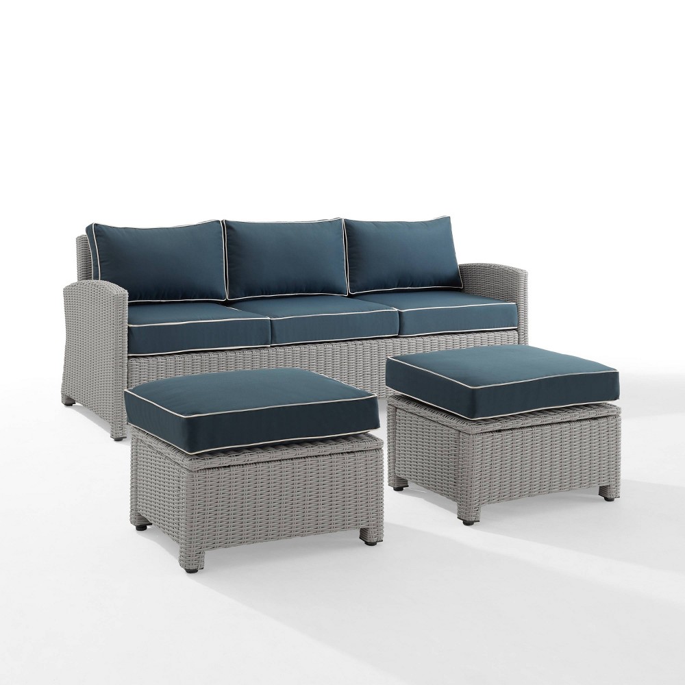 Bradenton 3pc Outdoor Wicker Sofa & 2 Ottoman Set - Navy/Gray - Crosley -  82325866