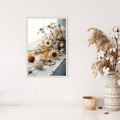 White and Yellow Beaded Frame Botanical Canvas Wall Art