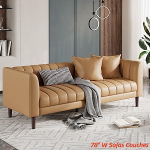 Modern Faux Leather Sofa Couch, 78 in W Sofa w/ Deep Seats, 3 Seater Sofa Couch w/ 2 Throw Pillows & Wood Legs, Easy Assembly - 1 of 4