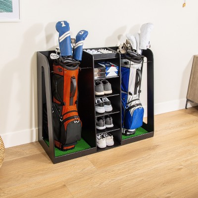 Black Wooden Double Golf Bag Organizer with Storage Shelves