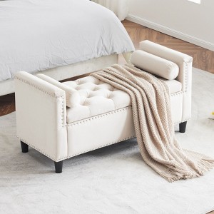 CAVINAS Storage Ottoman Bench, 44.5-Inch Queen Velvet Button Bedside Bench, Entryway Living Room with Armrests, Upholstered Bedroom Bench - 1 of 4