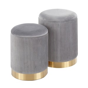 LumiSource Marla Contemporary Nesting Pleated Ottomans Gold/Gray: Velvet Upholstered, Metal Legs, No Assembly Required - 1 of 4