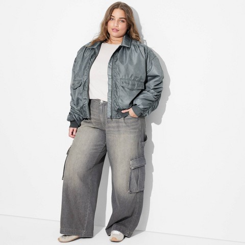 Женские куртки Wild Fable Women's Washed Nylon Bomber Jacket - Wild Fable™ Teal Blue 2X: Loose Fit, Rib Cuffs, Front Pockets
